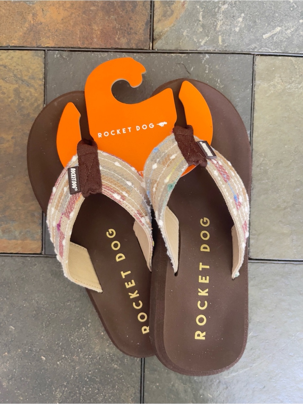 Rocket Dog Brown Flip Flops with Multicolor Canvas Straps